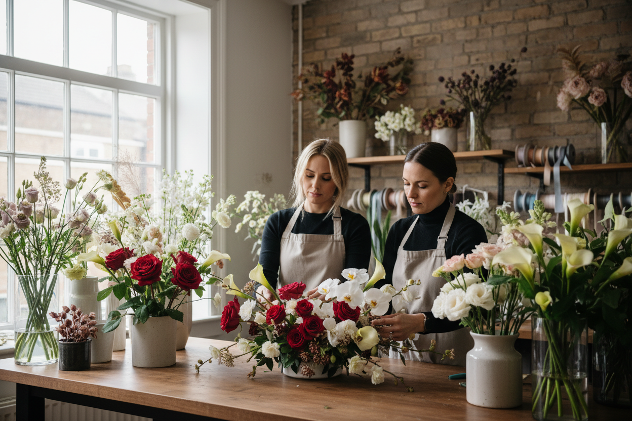 floristas montando arranjo florais premium